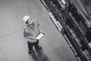 Warehouse worker employed by staffing service checking inventory on tablet.